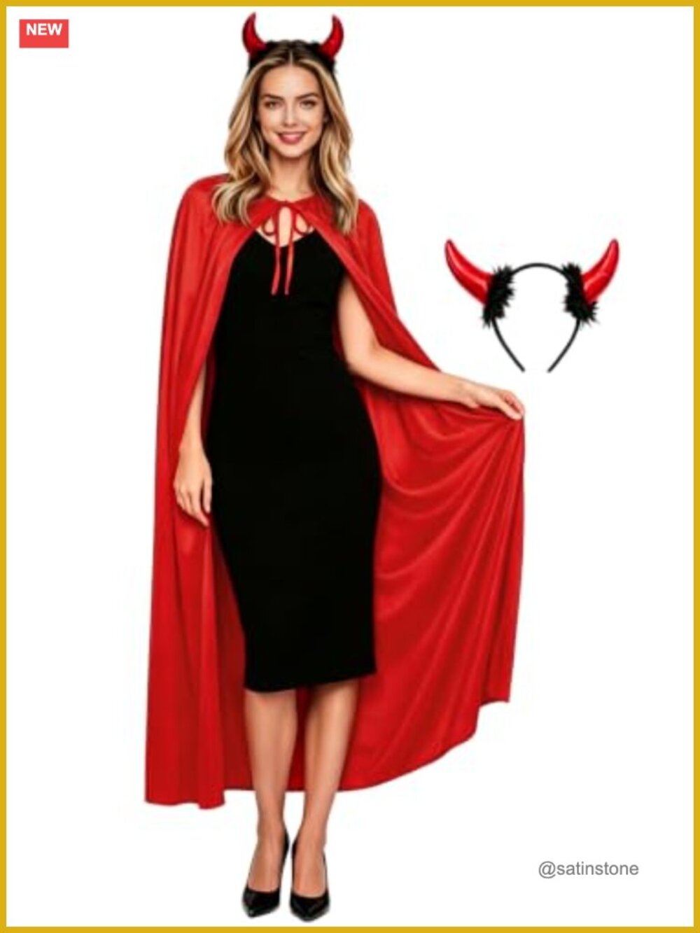 Devil Costume Adult Red Cape with Horns Headband Halloween Cosplay